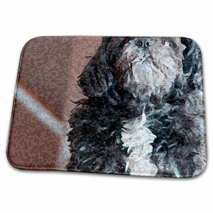 Dish Drying Mat - Adorable Black and White Shiatsu Lhasas Pet Dog Looking Upward and Close up Done in Fresco Finish Realistic