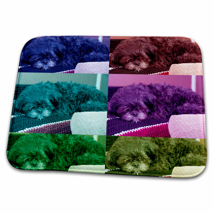 Dish Drying Mat - Shiatsu Lhasas Doggie Family Pet Six Times on Page to Create Pattern in Blue, Red, Turquoise, Purple Realistic