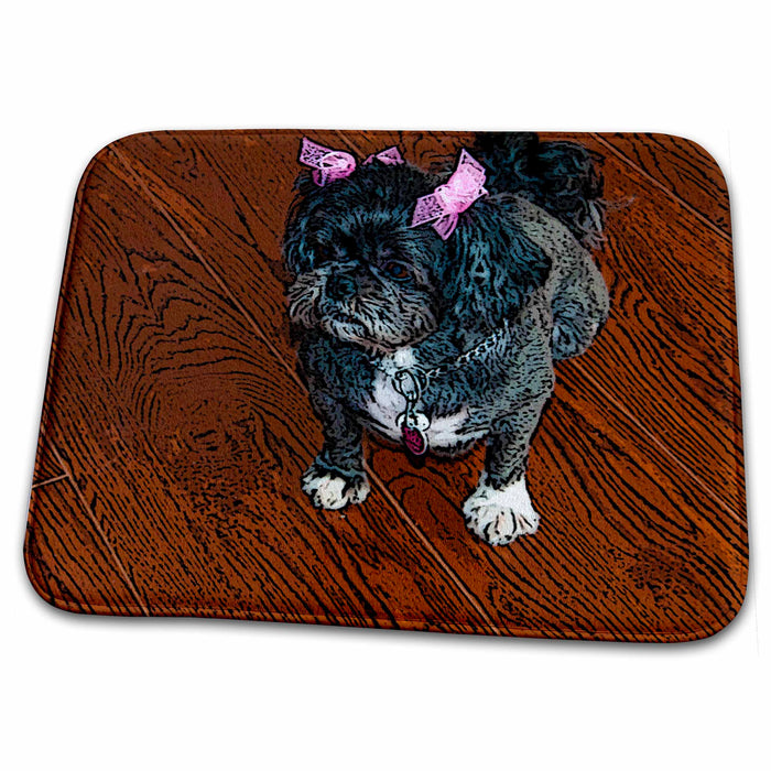 Dish Drying Mat - Cute Shiatsu Lhasas Pet Doggie with Pink Bows After Just Having Been Groomed Realistic