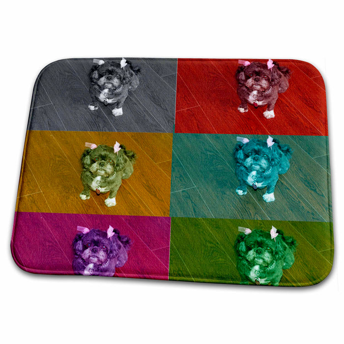 Dish Drying Mat - Shiatsu Lhasas Pet Doggie With Bows in Her Hair Six Times on Page to Create Pattern Realistic