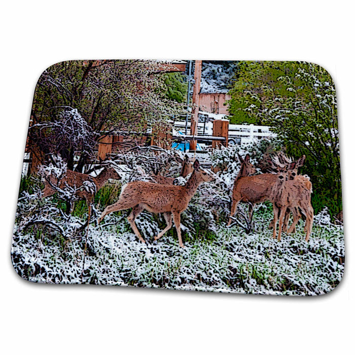 Dish Drying Mat - Five Deer In Yard Posturized and Made Vibrant With on Snow Covered Ground Realistic