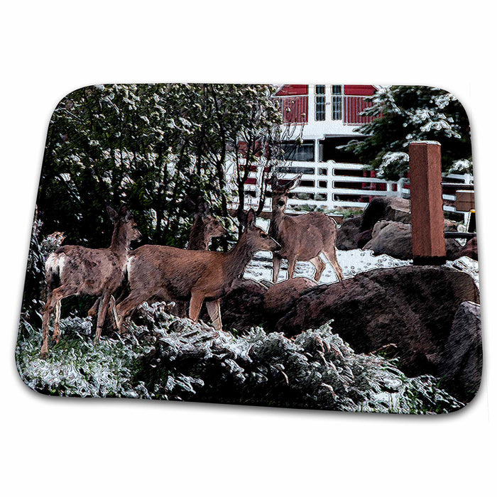 Dish Drying Mat - Deer In Yard Near Some Big Rocks in Pine Valley, Utah Posturized Realistic