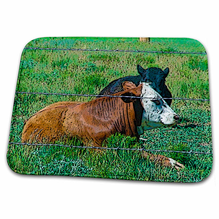 Dish Drying Mat - Two Cows Posturized and Sitting on Grass Being Udderly Tickled Realistic