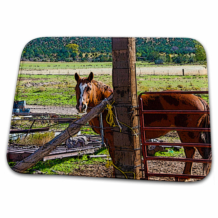 Dish Drying Mat - Brown Horse Behind Fence in Southern Utah With Blue Tins and Green Grass In Background Realistic