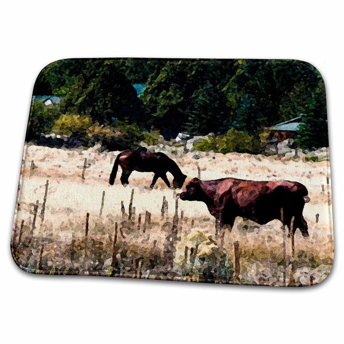 Dish Drying Mat - Black Horse and Brown Cow Out in Pasture Together in Fresco Finish Realistic