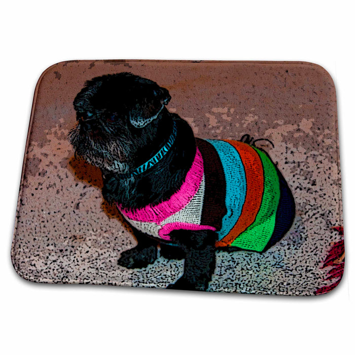 Dish Drying Mat - Adorable Shiatsu Pug Pet Dog in Vibrant Pink and Green Sweater With Cute Hair Cut Realistic