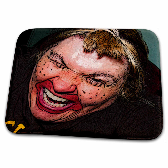 Dish Drying Mat - Lady Dressed Up Like Ugly Clown for Halloween With Her Face Very Animated, Silly and Scary Realistic