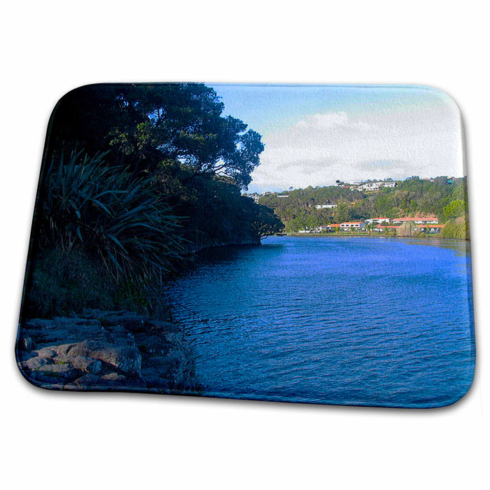 Dish Drying Mat - The Beautiful Blue Water at Hururu Falls in New Zealand with Bushes ad Trees at Edge Realistic