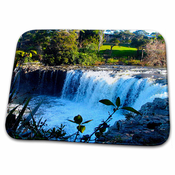 Dish Drying Mat - Hururu Falls in New Zealand Beautiful With Blue Water Running Over Rocks and Plants on Edge Realistic