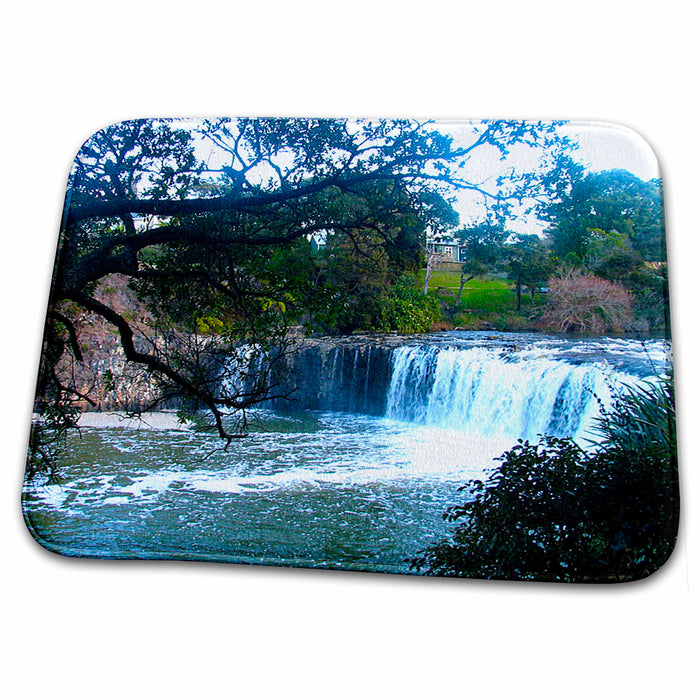 Dish Drying Mat - Hururu Falls in New Zealand Beautiful Water Running Over Rocks with Calm Pool at End with Bushes Realistic