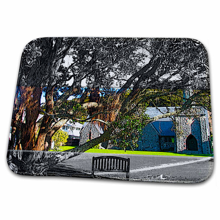 Dish Drying Mat - St. Pauls AnglicOld Rock Church in New Zealand Outside with Bench in Front and Magnificent Tree Realistic