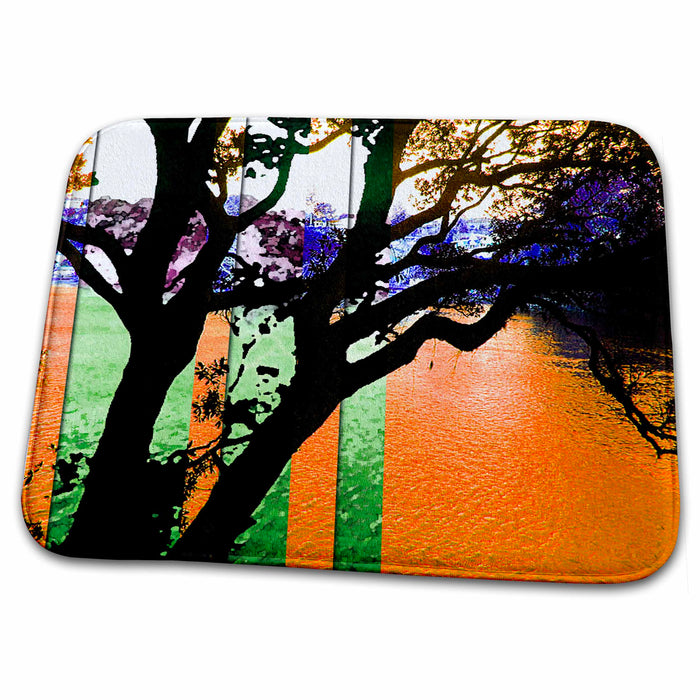 Dish Drying Mat - Trees In New Zealand Done in Vibrant Orange and Green With Purple Realistic