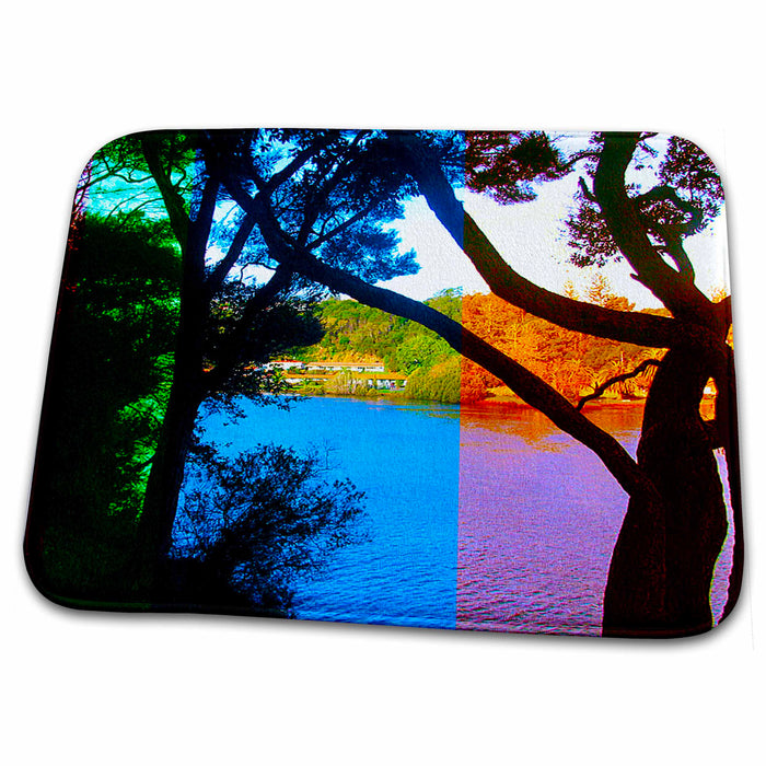 Dish Drying Mat - Trees In New Zealand Done in Vibrant Orange and Green With Purple ad Blue Realistic