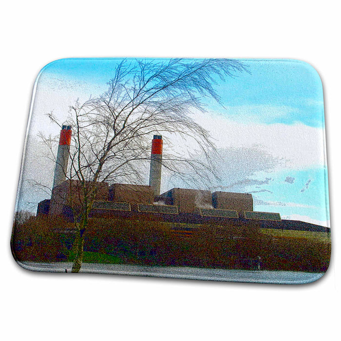 Dish Drying Mat - Factory on Road to Auckland New Zealand With Smoke Stacks and Tree in Front on Blue Sky Realistic