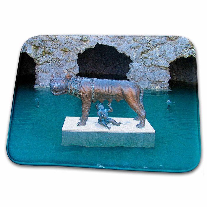 Dish Drying Mat - Statue of Baby Suckling on Animal at Hamilton Gardens in New Zealand with Blue Water Around it Realistic