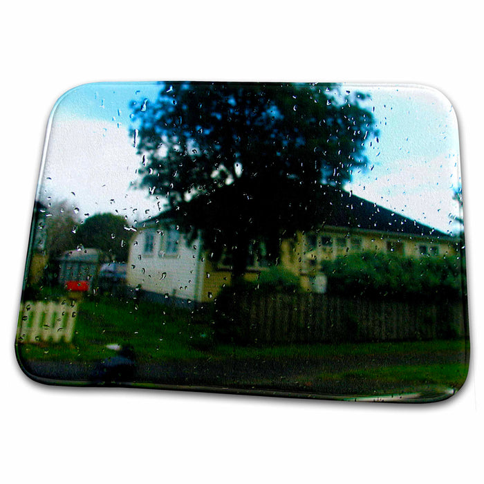 Dish Drying Mat - Cute Yellow Home in New Zealand Behind Water Stained Window from Rain Realistic