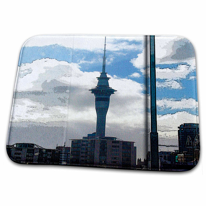 Dish Drying Mat - The Tallest Building In Auckland, New Zealand From Drivers Point of View With Clouds on Blue Sky Realistic