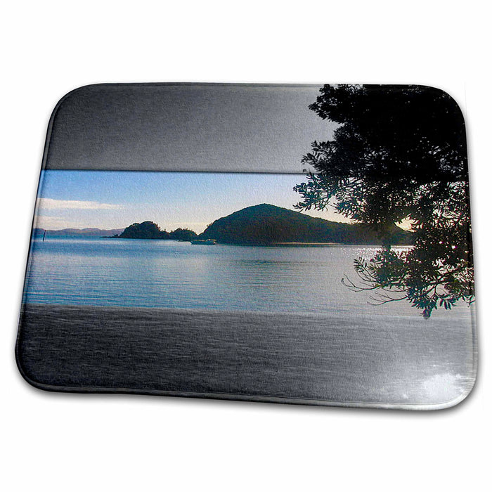 Dish Drying Mat - View of Sein New Zealand In Black and White With Water and Boat Highlighted and Beveled in Blue Realistic