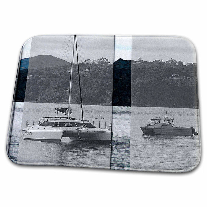 Dish Drying Mat - The Sein New Zealand With Two Boats on it Beveled and Given Texture and Done in Black and White Realistic