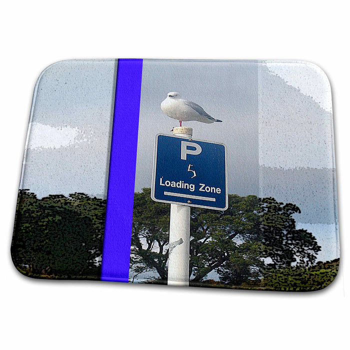 Dish Drying Mat - Parking and Loading Sign With White Bird on Top Beveled and Posturized with Purple Stripe Realistic