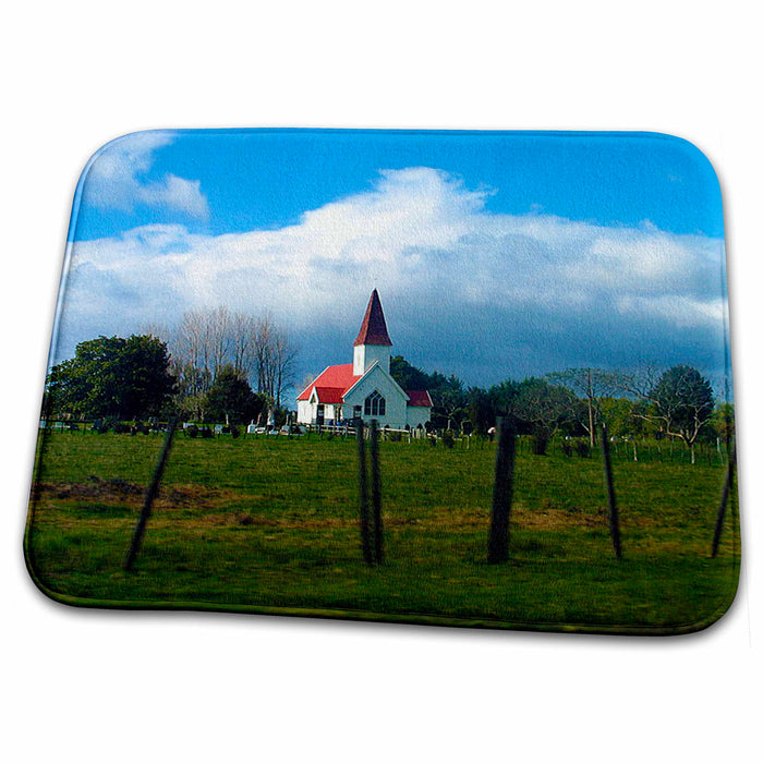 Dish Drying Mat - Beautiful Old Church with Red Steeple in New Zealand Behind Fence and Pasture Realistic