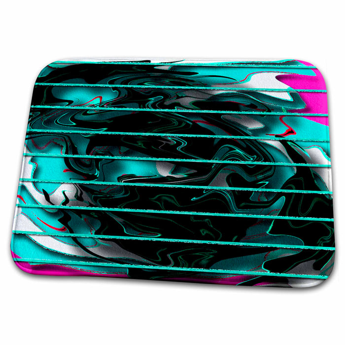 Dish Drying Mat - Plastic Teal Stripes In Foreground With Swirl of White, Black and Bright Vibrant Pink Abstract