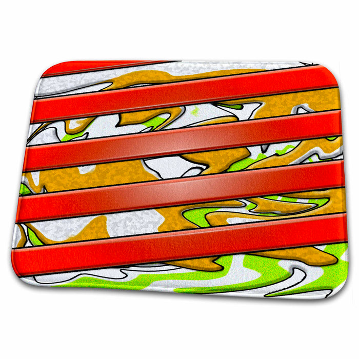 Dish Drying Mat - Orange Stripes in Plastic Effect With Gold and Green Layered and Beveled Swirl in Background Abstract