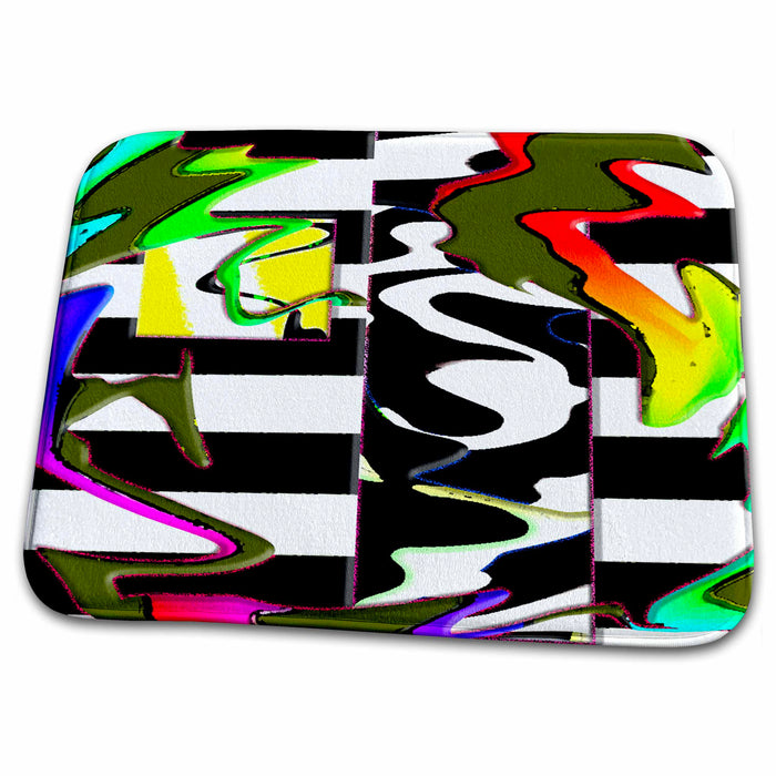 Dish Drying Mat - Black and White Stripes With Vibrant Colors in Back of Blue, Green, Yellow and Mint Swirled Abstract