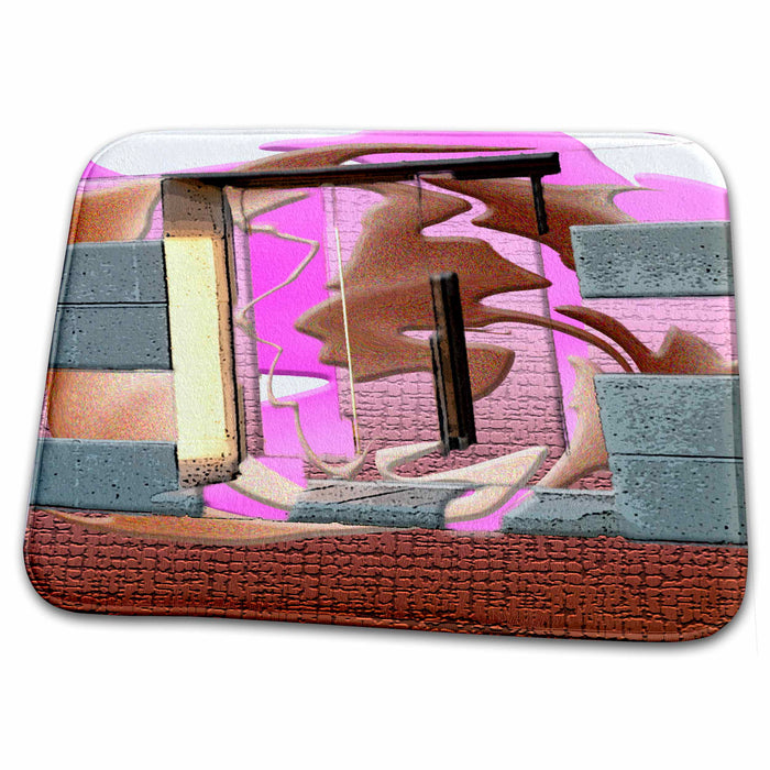 Dish Drying Mat - Block Wall With Window in Center With Colors added of Pink, and Brown and Pale Yellow With Textures Abstract