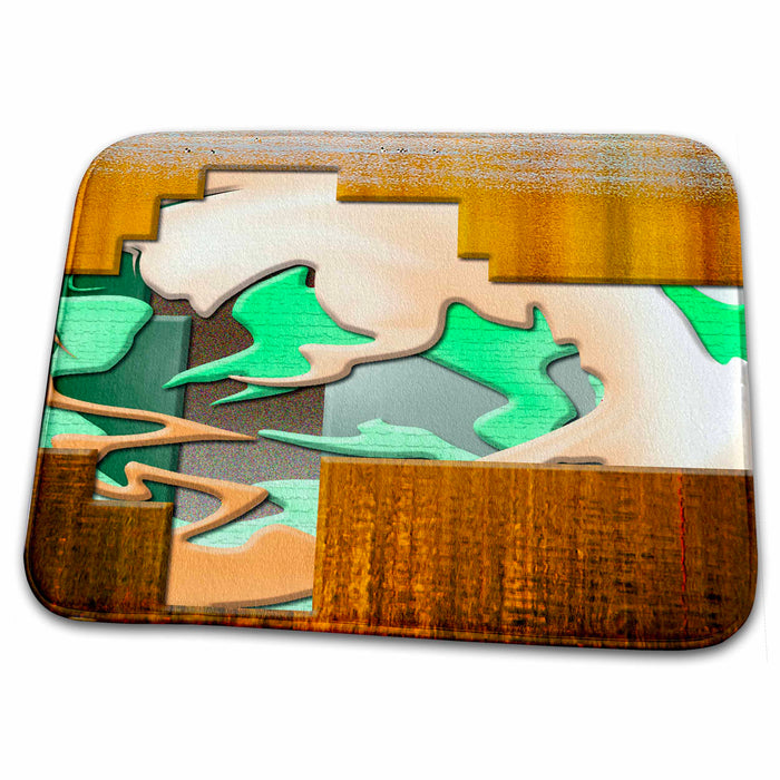 Dish Drying Mat - Birds on Golden Light Filled Water with Rectangles Cut Out in Layers and Green, Peach and Gray Swirl Abstract