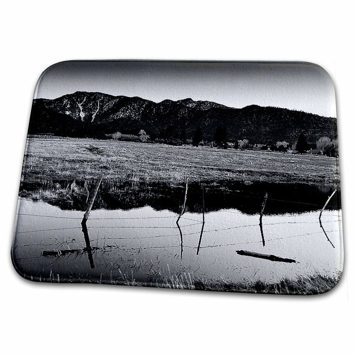 Dish Drying Mat - Black and White of Pond Reflecting Mountains and Barbed Wire Fence Realistic