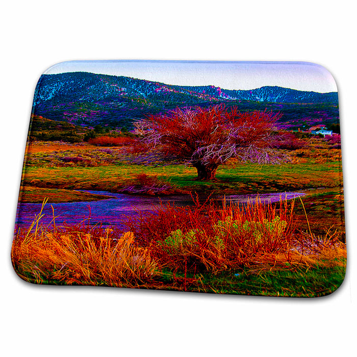 Dish Drying Mat - Very Vibrant Tree Reflecting on Pond With Mountains in Distance in Red, Blue and Orange Realistic