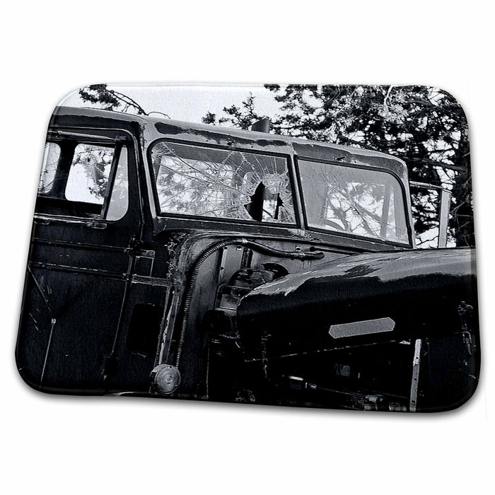 Dish Drying Mat - Old Truck in Black and White With Cracked, Shot Out Windows and Tree Behind With Beveled Edges Realistic