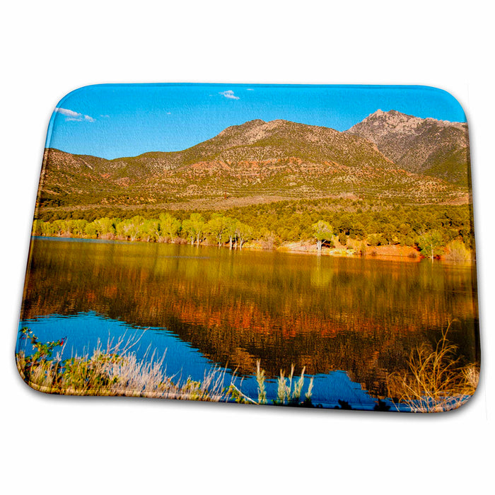 Dish Drying Mat - Vibrant Mountain and Water Landscape in Hues of Yellow, Blue and Green Beveled and Sharpened Realistic