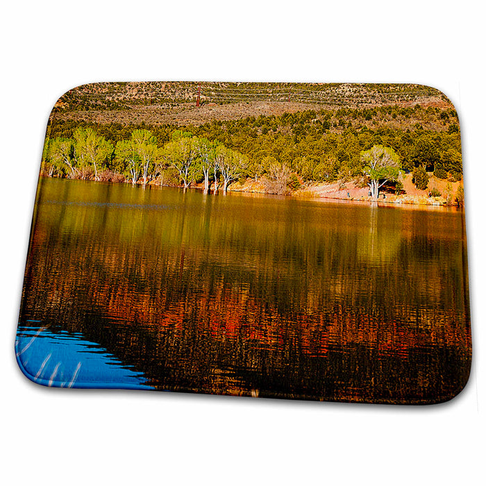 Dish Drying Mat - Vibrant Mountain and Water Landscape in Hues of Yellow, Blue and Green Beveled, With Sharp Focus Realistic