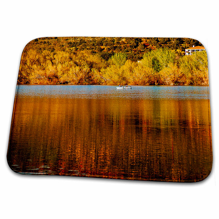 Dish Drying Mat - Hues of Orange and Gold Reflect on Water at Baker Dam in Southern Utah with Some Green and Blue Realistic