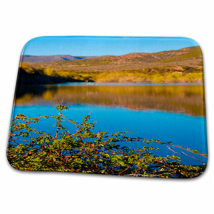 Dish Drying Mat - Bush In Focus with Water Behind and Birds Flying Out of Focus with Brilliant Blues and Green in Utah Realistic