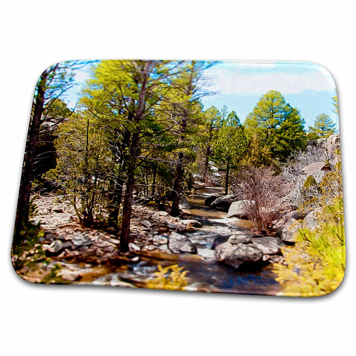 Dish Drying Mat - View of River in Pine Valley, Utah Flowing Through Trees and Given Vibrancy of Miniature Realistic