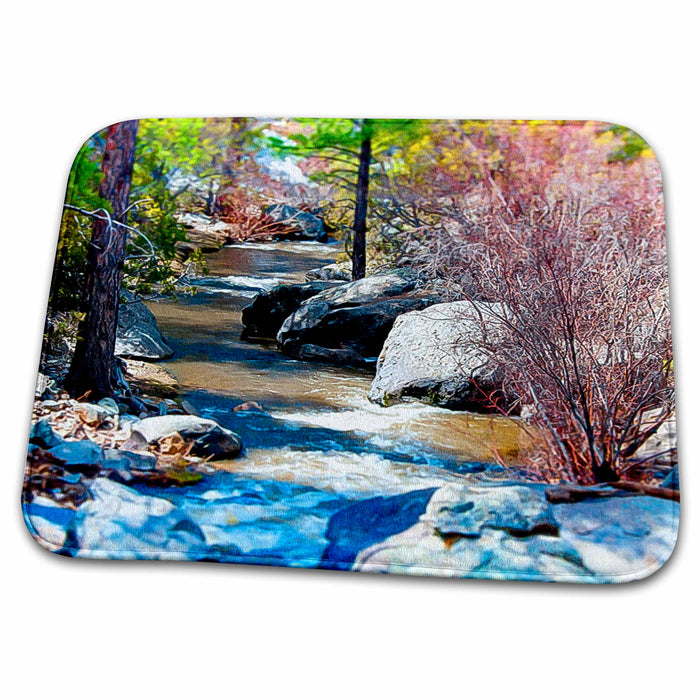 Dish Drying Mat - View of River in Pine Valley, Utah Flowing Through Trees and Rocks and Given look of Miniature Miniature