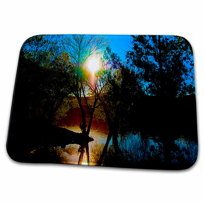 Dish Drying Mat - The Suns Reflection In Evening as it is Setting Behind Some Trees at Baker Dam in Southern Utah Realistic