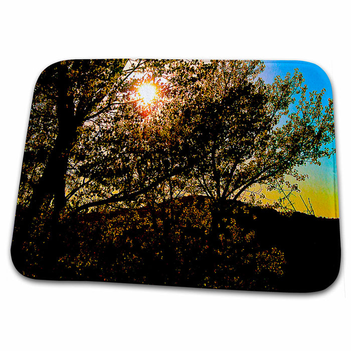 Dish Drying Mat - The Suns Reflection In Evening as it is Setting at Baker Dam Behind Trees Posturized Realistic