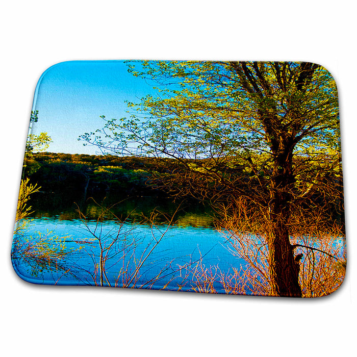 Dish Drying Mat - Vibrant Orange, Blue and Yellow Tree and Bushes Framing Baker Dam Reservoir in Southern, Utah Realistic