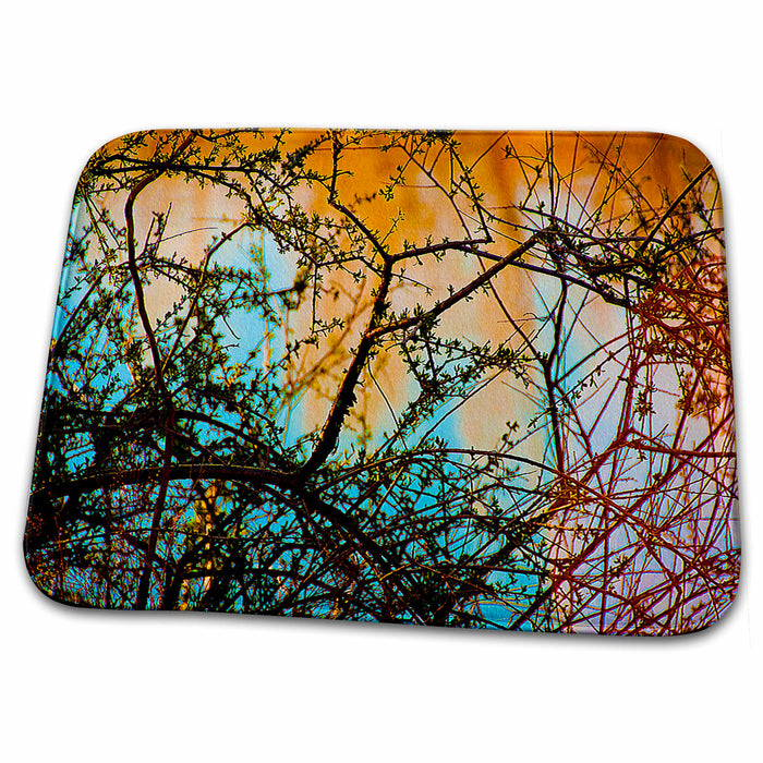 Dish Drying Mat - Red, Orange and Blue Background to Shrub Taken Up Close With Tiny Green Leaves in it Realistic