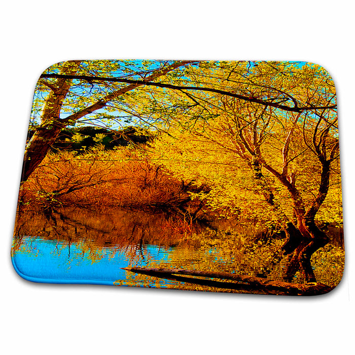 Dish Drying Mat - Vibrant Blue Lake with Orange and Yellow Trees and Bushes in Southern Utah at Baker Dam Realistic