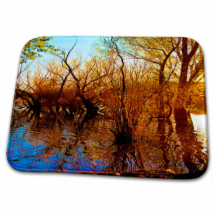 Dish Drying Mat - Vibrant Orange and Yellow Trees and Bushes in Southern Utah at Baker Dam Reservoir with Orange Hues Realistic