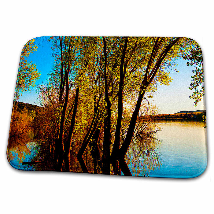 Dish Drying Mat - Vibrant Orange and Blue With Yellow Bushes and Trees Reflecting on Baker Dam Reservoir in Utah Realistic