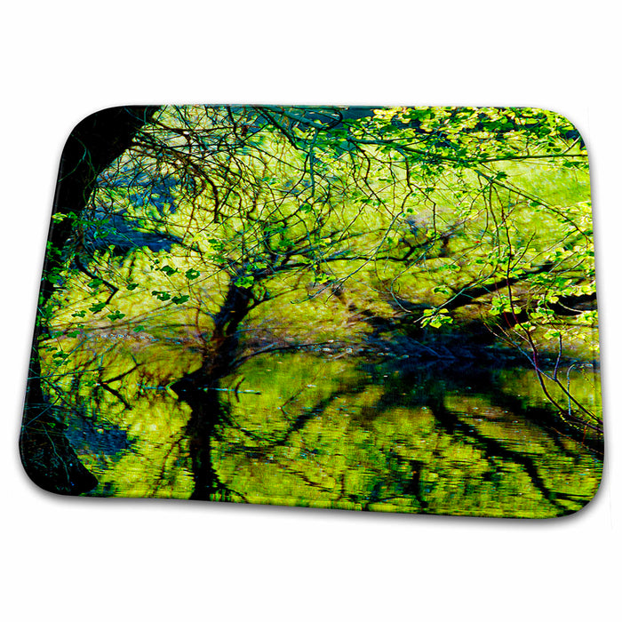 Dish Drying Mat - Very Brilliant, Vibrant Green With Trees and Leaves Reflecting on Shallow End of Reservoir Realistic