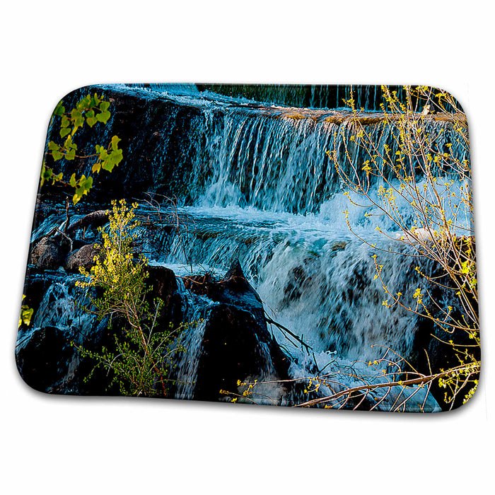 Dish Drying Mat - Fast Moving Waterfall Flowing Over Rocks at Baker Dam in Southern, Utah with Hues of Blue and Green Realistic