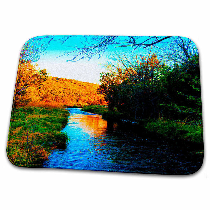 Dish Drying Mat - Very Vibrant Orange, Blue and Green View of River at Baker Dam Reservoir With Trees on Banks Realistic