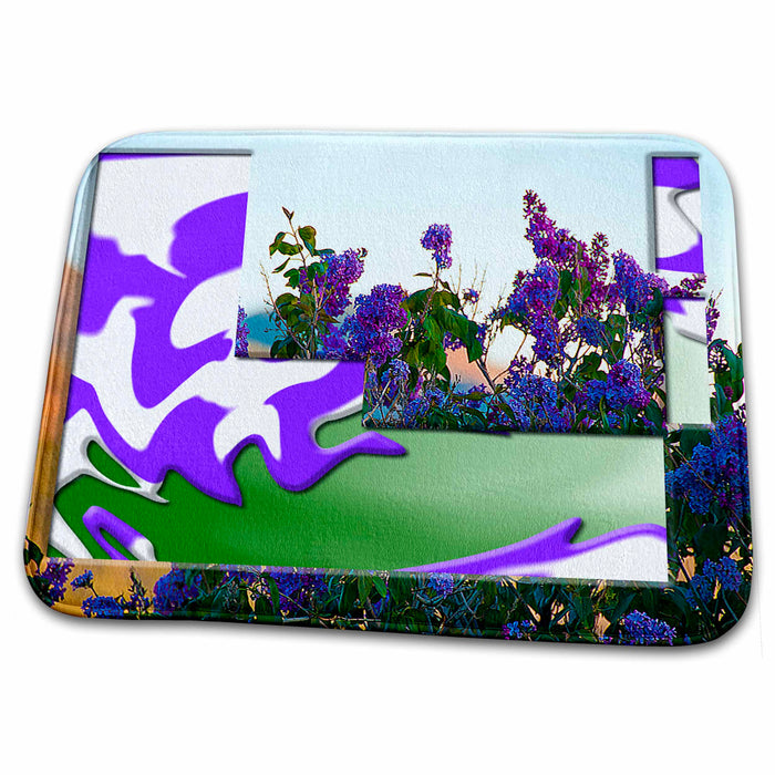 Dish Drying Mat - Purple Vibrant Lilacs In Central, Utah with Cut Out of Purple Swirls Beveled and Layered with Green Realistic